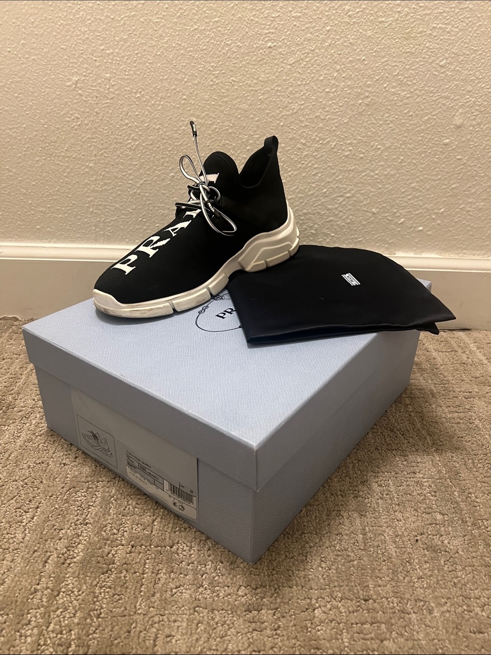 Prada Black Knit Logo Sock Sneaker with White Sole